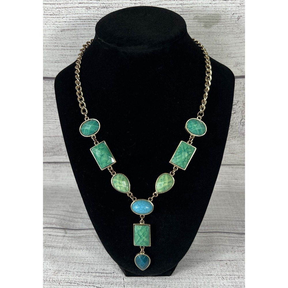 Green Faux Turquoise‎ Statement Necklace Gold Tone Multi Stone Drop Bib 17.75"